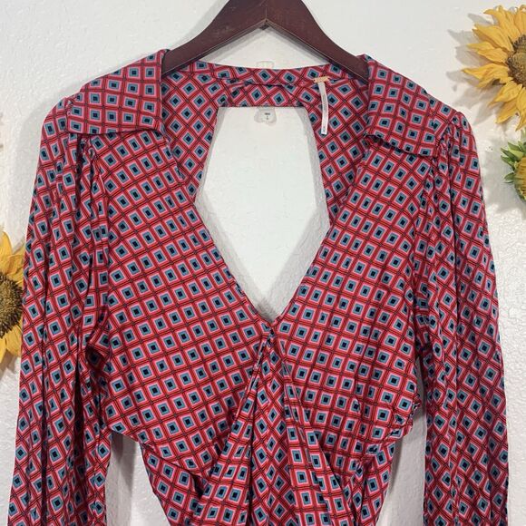 Free People Red Pink Blue Black Open Back Mini Dress Size Medium - Picture 14 of 14